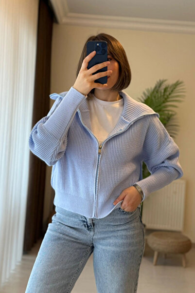 Kubos Moda Balloon Sleeve Collar Detail Blue Cardigan