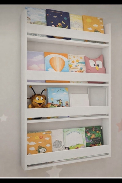 CANDANPREMIUMDESIGN Montessori Çocuk Kitaplığı 4 Raflı Duvar Tipi Beyaz Kitaplık