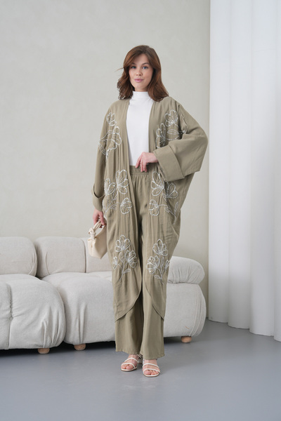 Miss Allos Women's Front Embroidered Beaded Linen Kimono Cardigan and Pants T...