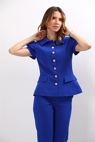 ÖNDER ÖZSOY Shirt Collar Short Sleeve Modern Women's Jacket-Sax