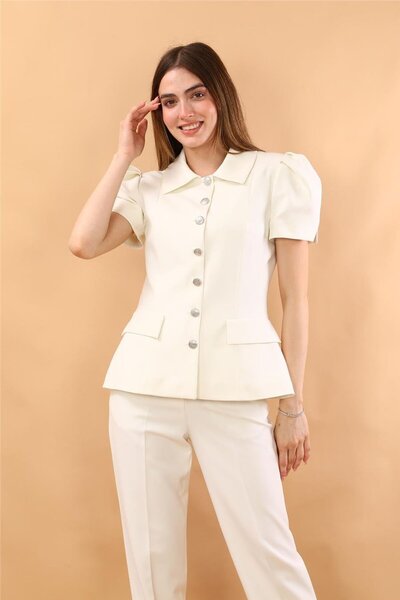ÖNDER ÖZSOY Shirt Collar Short Sleeve Modern Women's Jacket-White
