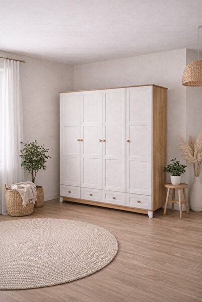 Koza %100 MDF Lotus Ahşap Beyaz 4 Kapılı Bebek & Çocuk & Genç Gardırop