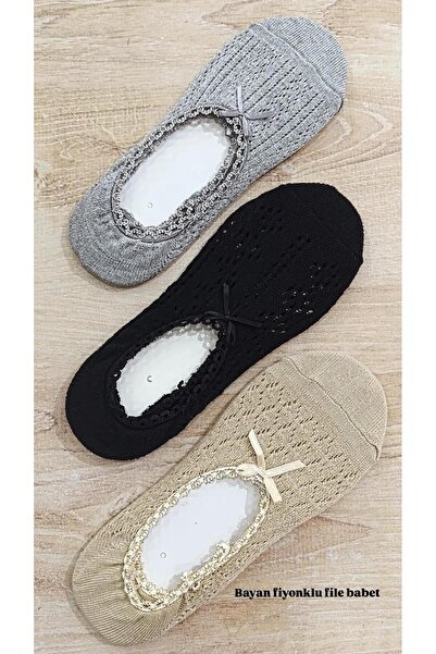 Ünlü Women Sock Mesh Ballet Flats with Bow, Cotton, Stretchy, 3 Pairs