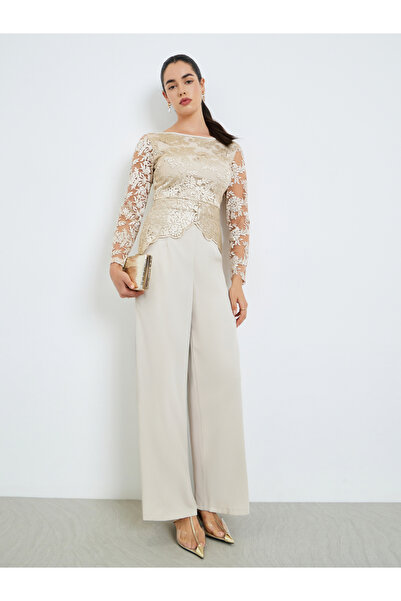 Styli Women Lace Overlay Wide Leg Evening Jumpsuit