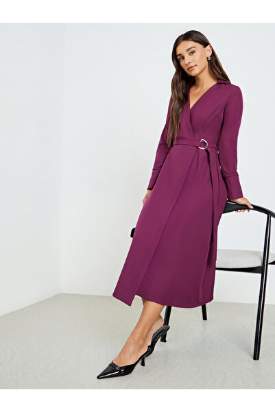 Styli Women Purple Long Sleeves Wrap Midi Dress