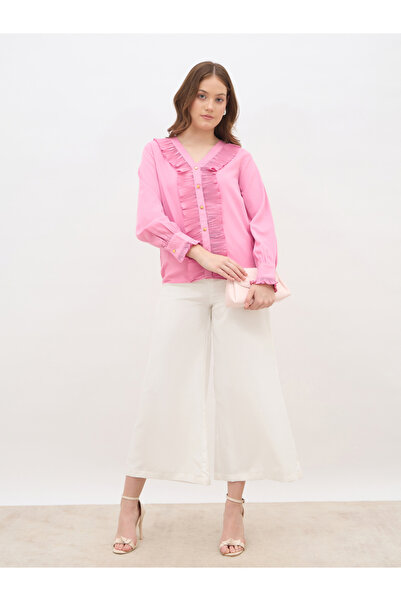 Styli Women Pink Ruffle Detail Long Sleeve Top
