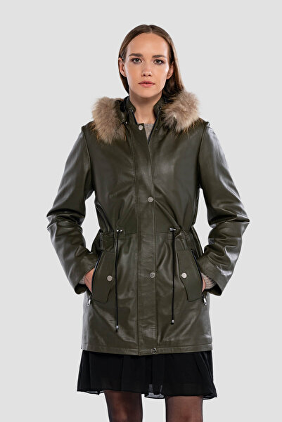 Tamer Tanca Women's Genuine Leather Green Leather Coat