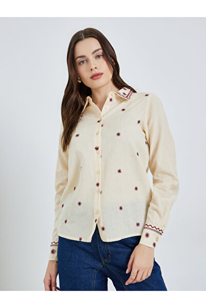 Styli Women Beige Embroidered Long Sleeve Shirt