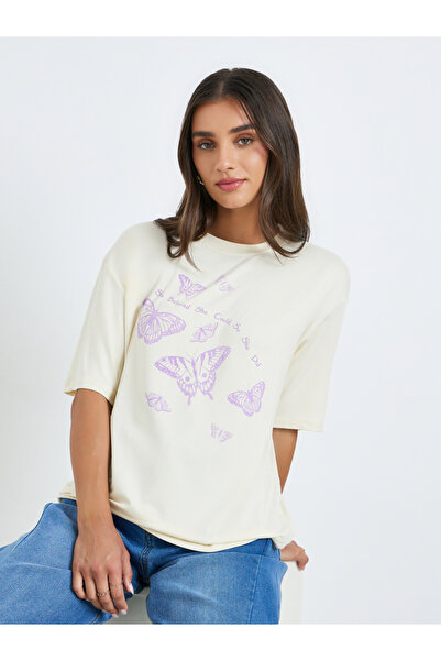 Styli Women Beige Graphic Butterfly T-Shirt