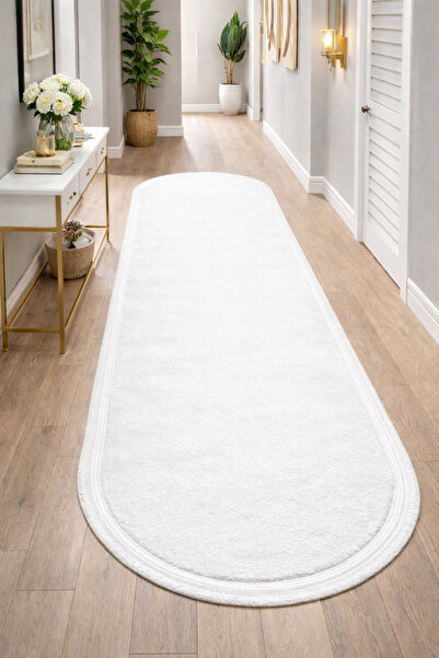 Sarar Oval Klasik Saçak Peluş Kaymaz Yıkanabilir Halı Yolluk Kilim BEYAZ