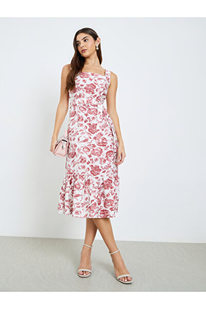 Styli Women Red Floral Strappy A-Line Midi Dress