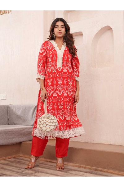 DW By Styli Women Ethnic Motif Print V Neck Straight Kurta and Trousers Co-Ords