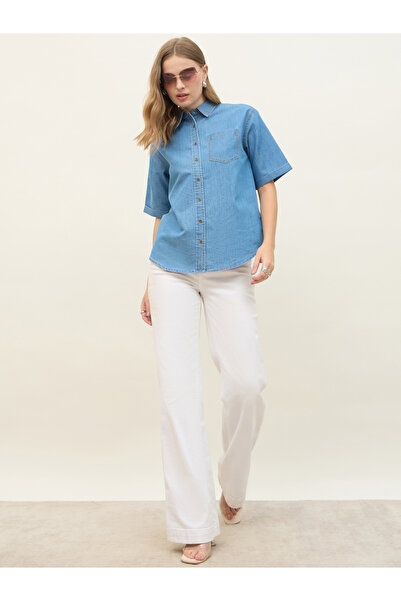 Styli Women Blue Denim Short Sleeve Shirt