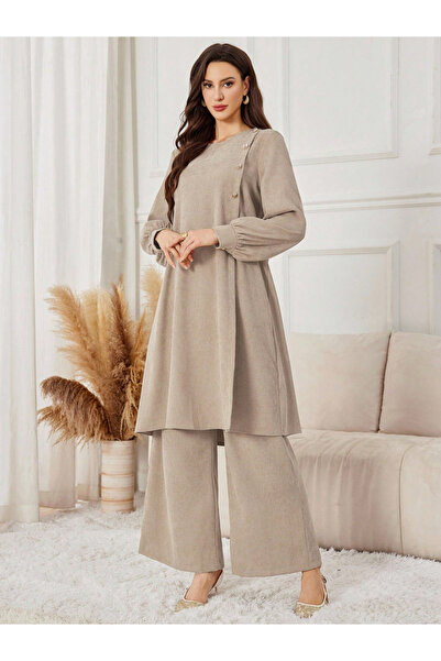 Take Two By Styli Women Beige Longline Top and Wide Leg Pants Co-Ords