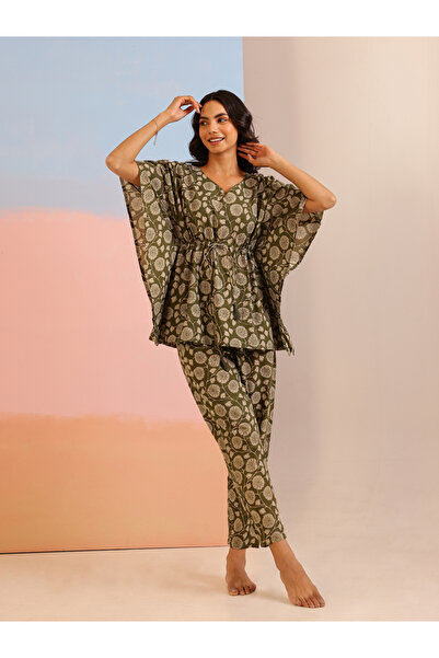Sanskrutihomes By Styli Women Pure Cotton Floral Printed Kimono Top and Pyjam...