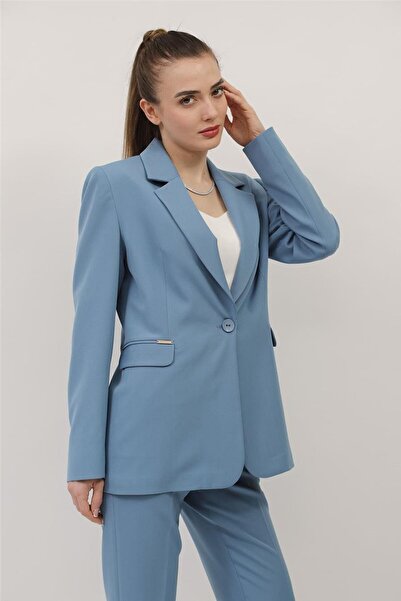 ÖNDER ÖZSOY Oversize Single Button Classic Women's Jacket-Navy
