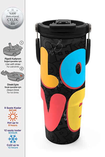 Coral High Colorful Love Patterned Steel Thermos with Straw and Direct Drinki...