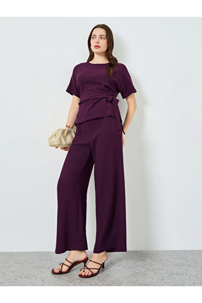 Styli Women Purple Textured Top and Wide Leg Pants Set