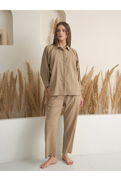 Sanskrutihomes By Styli Women Beige Pure Cotton Shirt and Pyjama Set