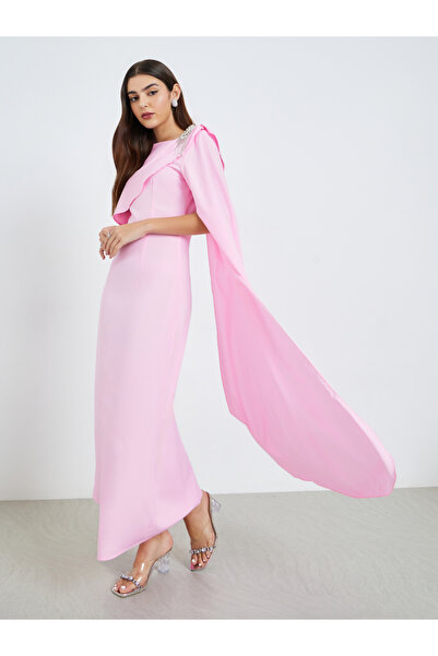 Styli فستان ماكسي وردي مزين بأكمام واسعة للنساء