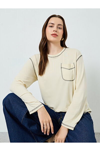 Styli Beige Long Sleeve Oversized T-Shirt with Pocket Detail