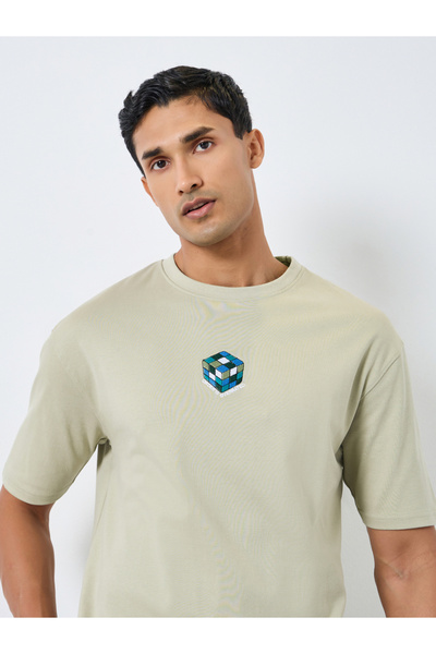 Styli Men Grey Oversized Embroidered T-Shirt