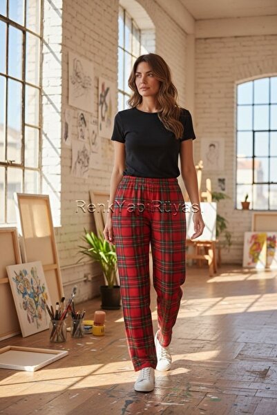 RENK YAPI RÜYASI Pantaloni de pijama în carouri pentru femei, din țesătură Mi...