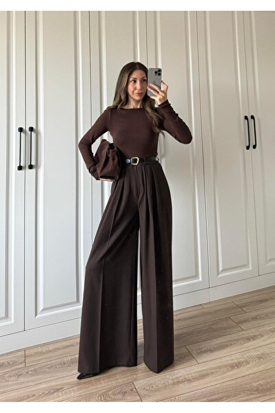 Luna Wear Pleated Palazzo Brown Pants (with Belt)