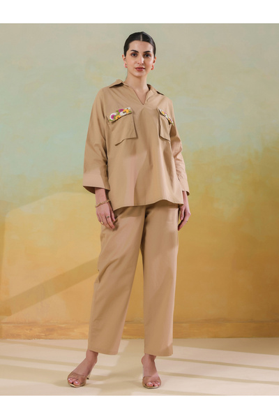 Sanskrutihomes By Styli Women Beige Shirt with Trousers Co-Ords