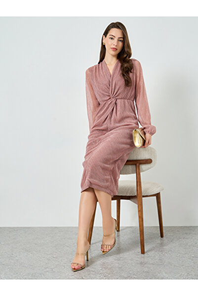 Styli Women Pink Plisse V Neck Midi Dress