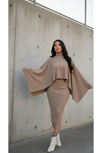 YusGos Women's High-Neck Shawl Bat Model Long Knitwear Dress