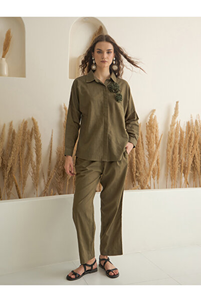 Sanskrutihomes By Styli Women Olive Pure Cotton Shirt and Trousers Co-Ords