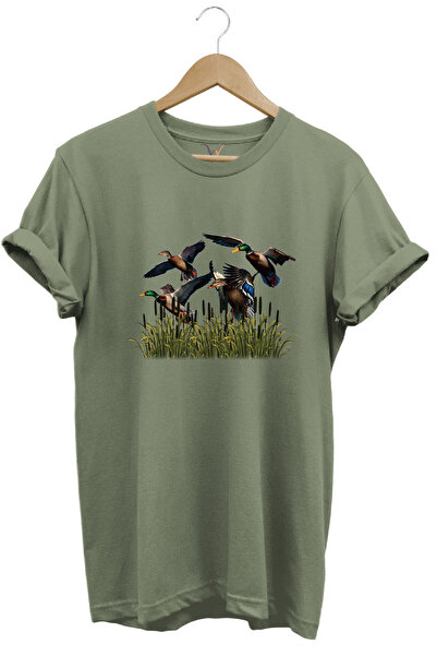 WİDİ Hunting Duck Hunting Reeds Printed 100% Cotton Regular Fit Crew Neck T-S...