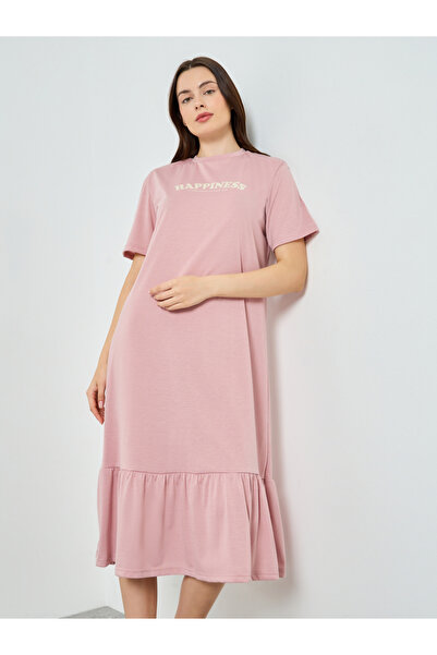 Styli Women Happiness Slogan Wide Ruffle T-Shirt Dress