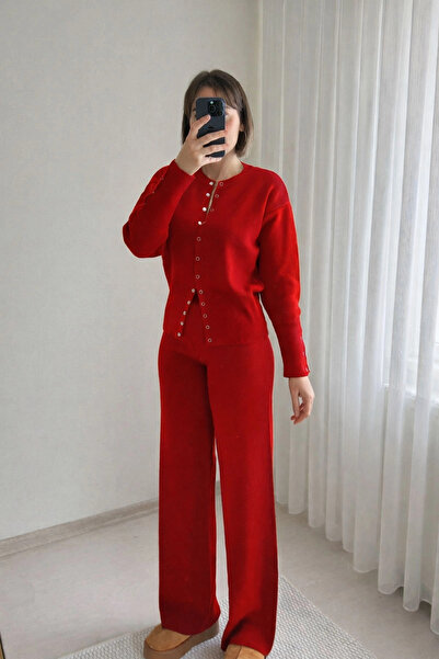 Kubos Moda Buttoned Knit Cardigan and Pants Set with Waist Detail