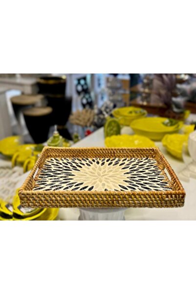 Sever ANTRASİT KREM ÇİÇEK RATTAN SEDEFLİ TEPSİ 23X32X3CM