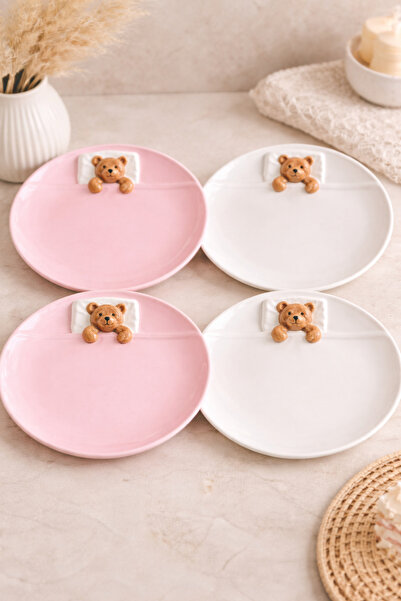 DİVAYS Handmade Yatan Ayıcık Figürlü Pasta Tabağı Seti 19 cm (2 Pembe 2 Beyaz)