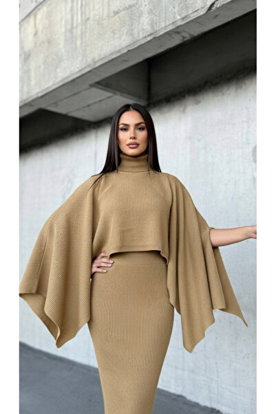 YusGos Women's High-Neck Shawl Bat Model Long Knitwear Dress