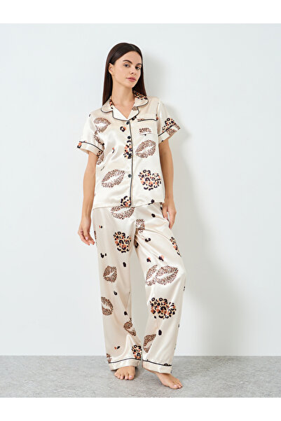 Take Two By Styli Women Satin Graphic Printed Shirt and Pyjama Set