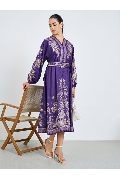 Styli Women Purple Printed Belted Shirt Midi Dress
