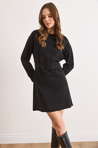 Olalook Women's Black Collar Cuff Detailed Belted Mini Thessaloniki Dress Elb...