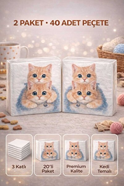 CKM silikon 2 Paket Kedi Baskılı Kağıt Peçete 20'li