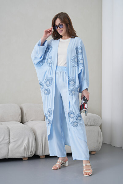 Miss Allos Women's Front Embroidered Beaded Linen Kimono Cardigan and Pants T...