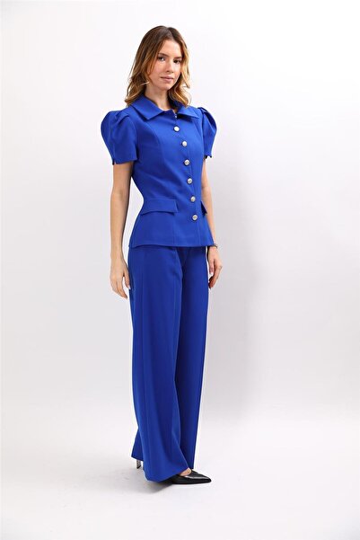 ÖNDER ÖZSOY Shirt Collar Short Sleeve Modern Jacket & Classic Palazzo Women's...