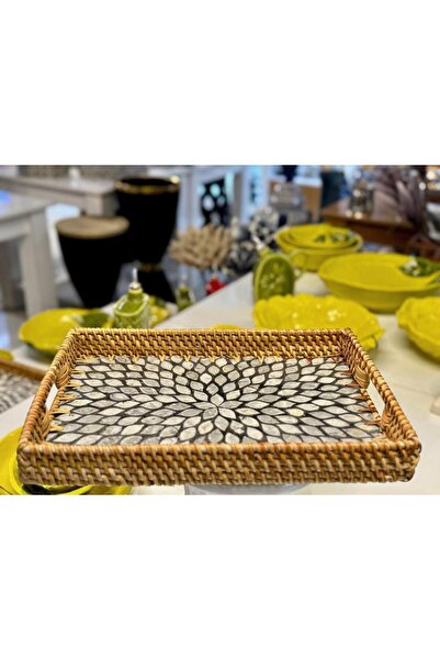Sever ANTRASİT ÇİÇEK RATTAN SEDEFLİ TEPSİ 26X36X5CM