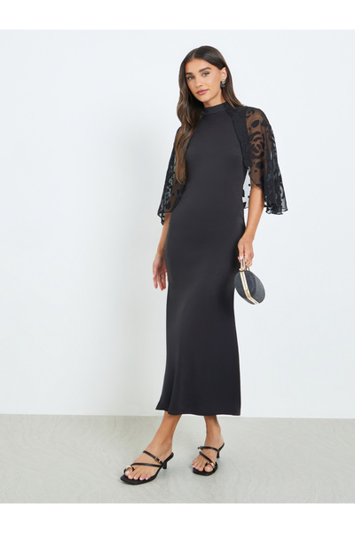 Styli Women Black Sheer Cape Sleeves Mermaid Maxi Dress