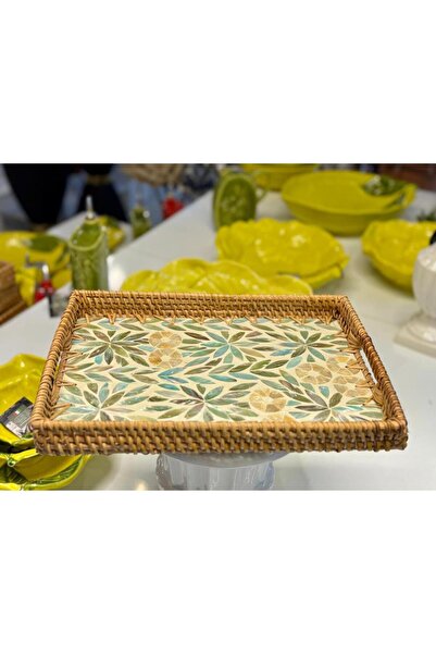 Sever TURKUAZ ÇİÇEK RATTAN SEDEFLİ TEPSİ 23X32X3CM