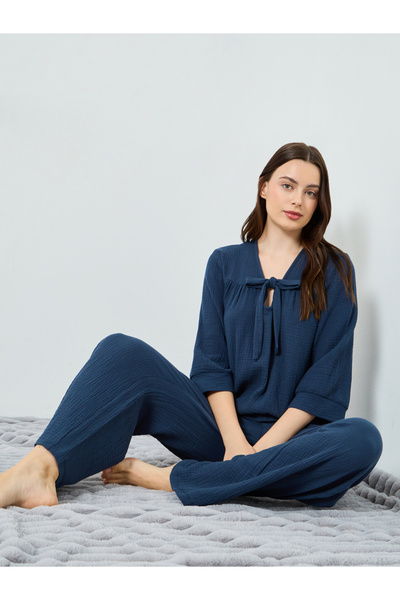 Styli Women Double Gauze Cotton Tie Front Top and Wide Leg Pyjama Set