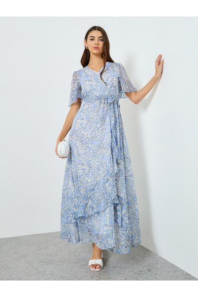 Styli Women Blue Paisley Print Chiffon Wrap Maxi Dress