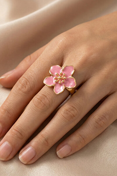 AURRARİ Gold Adjustable Pink Sakura Flower Ring